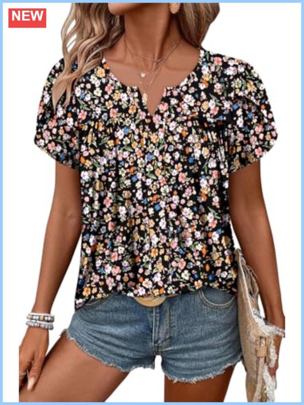 Womens Floral Boho Tunic Top Short Sleeve Ruffle V-Neck Flowy Summer Blouse